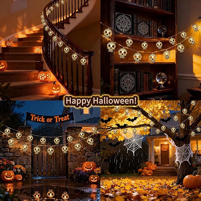 Halloween String Lights,15FT 30 LED Fairy Decor Lights USB & Battery Operated (Not Included) Cute Skull String Lights 2 Modes Waterproof Fall Light Decoration for 2025 Indoor Outdoor Home Party Garden