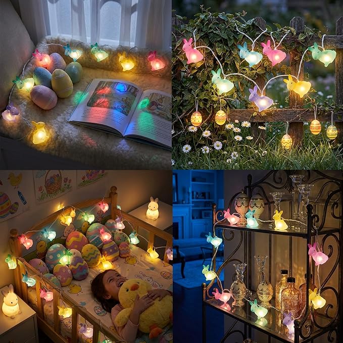 Easter Rabbit String Lights, 8.5ft 10 Count Multicolor Bunny Lights White Wire, UL Certified Connectable, Cute Easter Decorations for Home Indoor Outdoor Spring Party