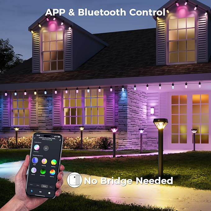 XMCOSY+ Smart Solar Pathway Lights, Bluetooth APP Control with Motion Sensor, 150LM RGBCW Color Changing Landscape Lighting for Yard, Garage, Garden, Lawn, IP65 Waterproof, 4 Pack