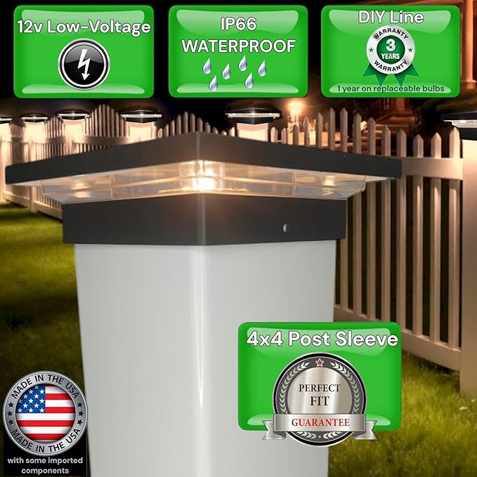 DekLights® DIY Line LED Lighted Post Cap for 4x4 Posts. Black Finish 12volt Low Voltage with Replaceable LED Bulb. for Your Vinyl or Composite railings (Black Cap 3000k Bulb)