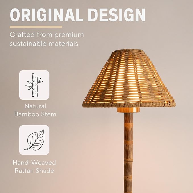Bamboo Cordless LED Table Lamp – Rechargeable 24-Hour Battery, Dimmable Warm Light, 15" Portable Wireless Lamp with Remote for Indoor/Outdoor Use, Home, Patio, Restaurant – Natural Rattan
