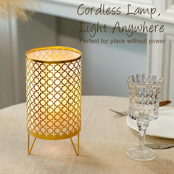 TRIROCKS Set of 2 Battery Operated Lamp 9'' High Cordless Table Lamp Battery Powered Lanterns with 6H Timer for Home Living Room Weddings Parties Patio Events Outdoors Indoors Shelf(Gold)