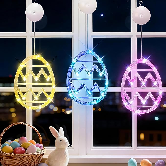 3 Pack Easter Lights for Window,Easter Window Hanging Lights Decorations LED Egg Shaped Battery Operated with Suction Cup for Home Bedroom Decor