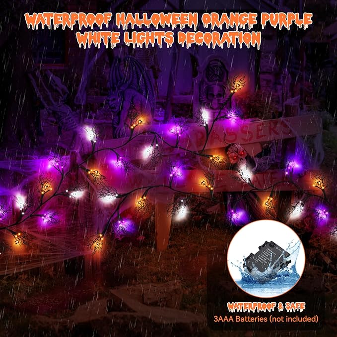 6 FT 54 LED Halloween Lights, 8 Modes & Timer Battery Operated Halloween Pumpkins Bats Ghosts Lights with Willow Vine Twig, 3D Waterproof Decorations Lights for Indoor Wall Party Fireplace Mantle