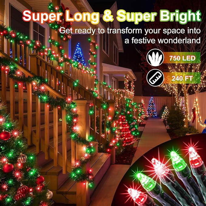 750 LED 240FT Christmas String Lights Outdoor, 12 Pro Modes and Timer Memory & Brightness, Plug in Waterproof Dark Green Wire Twinkle Light for for Xmas Yard Tree Wedding Party Decor (Red & Green)