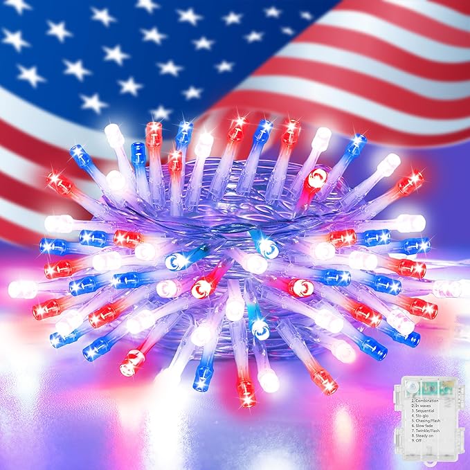Red White Blue 4th of July Decoration Light - 30 LED 11.5Ft Patriotic Battery String Lights with 8 Modes, Timer, Waterproof - Independence Day Lighting for Outdoor House Holiday Memorial Day Decor