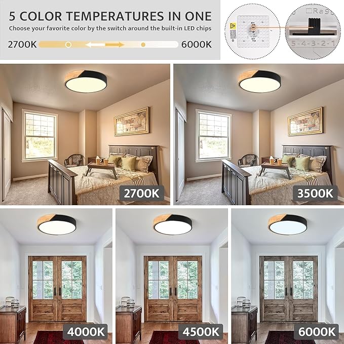 Vikaey Modern Dimmable LED Ceiling Light, Minimalist Wood Style 5CCT 2700K-6000K Flush Mount Ceiling Light Fixture, Round Lighting Lamp for Bedroom, Laundry Room, Hallway, Entryway, Black, 11.8"