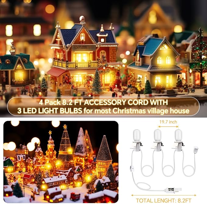 Leelosp 4 Pack Accessory Cord with 3 LED Light Bulbs 8.2 FT Christmas Village Light White Cord End-to-End Connectable On/Off Switch Plugs T20 LED Blow Mold Bulbs for Crafts Halloween Decor