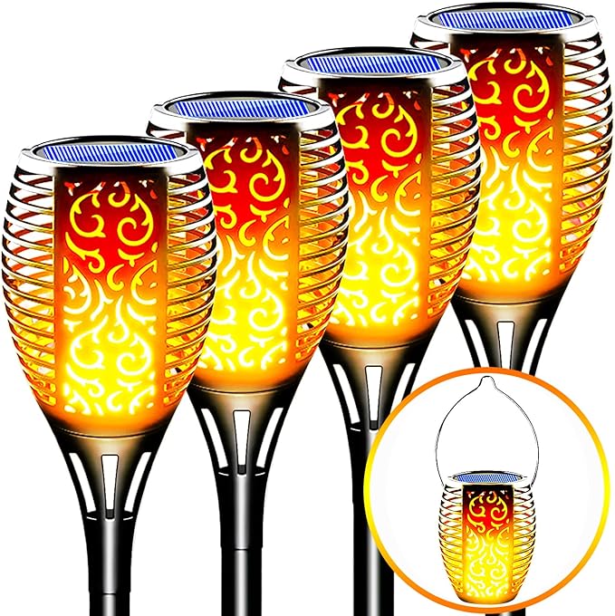 Solar Tiki Torches Outdoor Flickering Flame 4 Pack - Realistic Flaming Fire Effect Torch Lights, 3-in-1 Waterproof Detachable Hanging Lantern - Auto On/Off for Patio, Yard, Pathway Decor