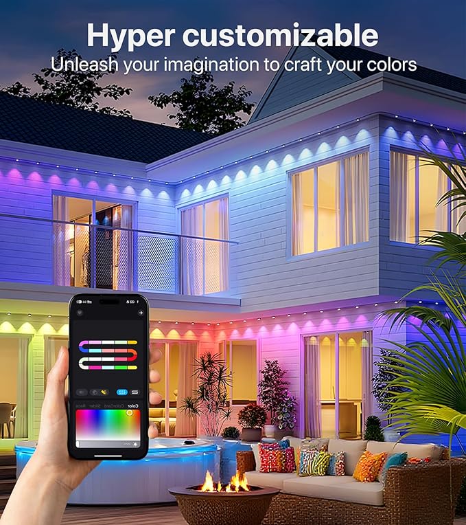100FT RGB+IC LED Permanent Outdoor Lights,Eave Lights with Smart APP & Remote Control, 72 Scene Modes, Waterproof IP65 for Holiday Christmas Decorations(Extension Cord Not Included)