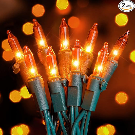 Hopolon Mini Orange Halloween Lights, 2PACk 50 Count Incandescent Christmas String Lights, 13 FT 120 V Xmas Tree Lights for Christmas,Thanksgiving, Patio, Party, Home, Indoor Outdoor Decor, Orange