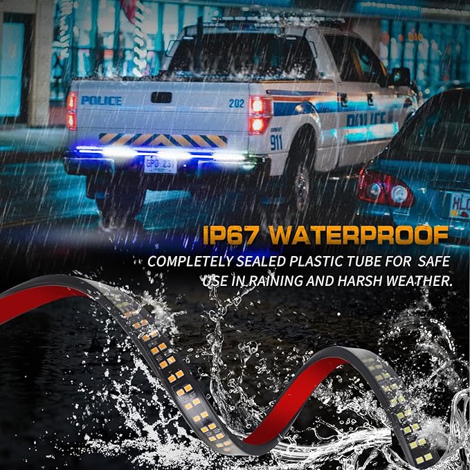 XRIDONSEN 48 inch Blue White Emergency Lights Strip Rear Window/Tailgate Lights 288 LED Tail Strobe Light Strip Flashing Warning Safety Caution for Police Firefighter Vehicles Trucks Pickup POV