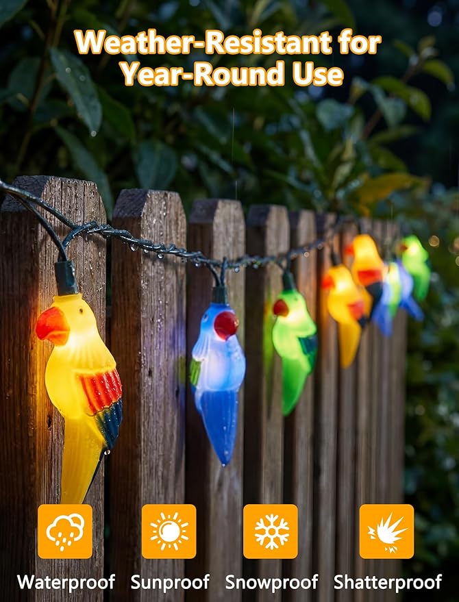 8.5Ft Parrot Outdoor String Lights, LED Tropical Themed Patio Lights with 10 Multicolor Birds Lights, Plug in Hanging Fairy String Lights for Backyard Summer Camp Window Decor Gift
