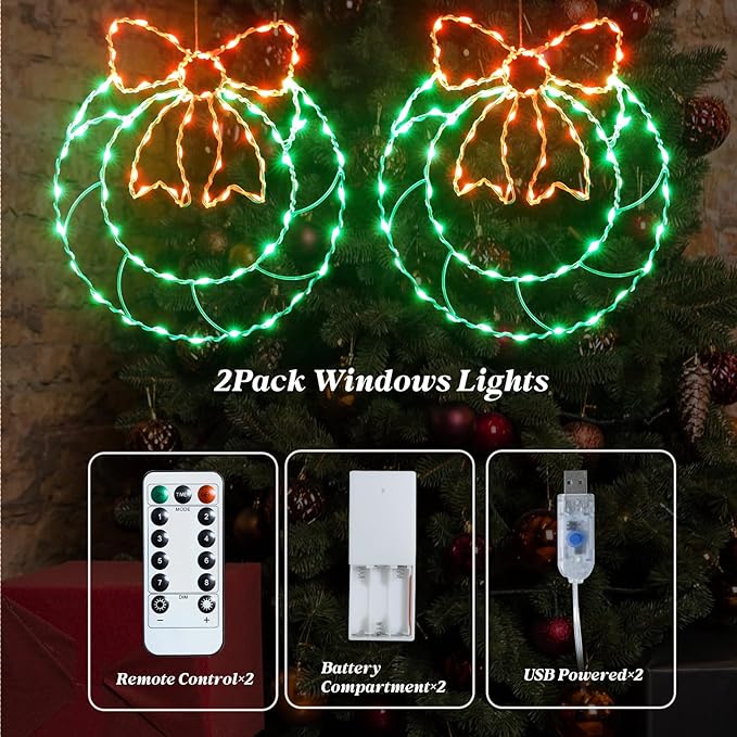 2 Packs Large Window Christmas Wreath Lights, Christmas Door Decorations with 160 LED Lights, Timer Remote Control USB and Battery Powered Home Decor, 8 Lighting Modes Party Decor