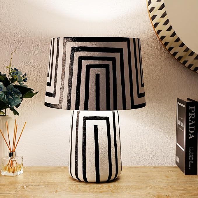 Handicrafts Home Handcrafted Paper Mache Table Lamp, 12x19” Modern Farmhouse Accent Table Lamp, Decorative Dome Bedside Nightstand Lamp for Bedroom Living Room, Small Desk Light, Optic Stripped