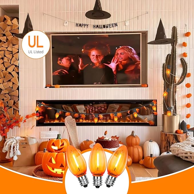 C7 LED Light Bulbs, 12 Pack Halloween Orange Outdoor String Lights Replacement Bulbs, 0.6W E12 Candelabra Base for Patio, Halloween & Christmas Party Decor