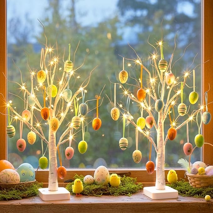 EAMBRITE Easter Decorations, Easter Egg Tree with 36 pcs Eggs Ornaments, Lighted White Birch Tree with Timer Battery Powered, for Home Tabletop Centerpiece Spring Indoor Decorations (2 Pack 24 LED)