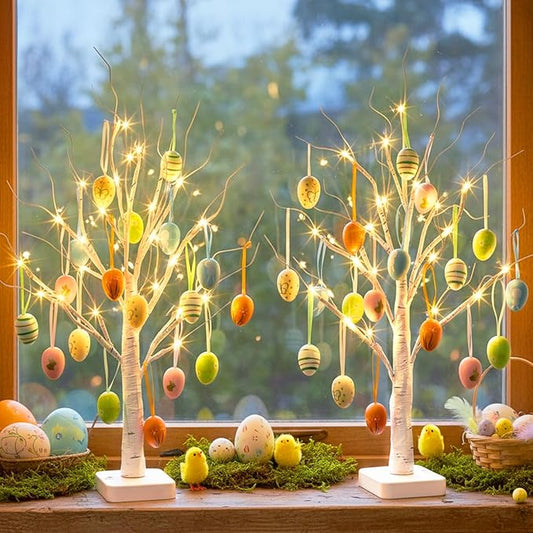EAMBRITE Easter Decorations, Easter Egg Tree with 36 pcs Eggs Ornaments, Lighted White Birch Tree with Timer Battery Powered, for Home Tabletop Centerpiece Spring Indoor Decorations (2 Pack 24 LED)