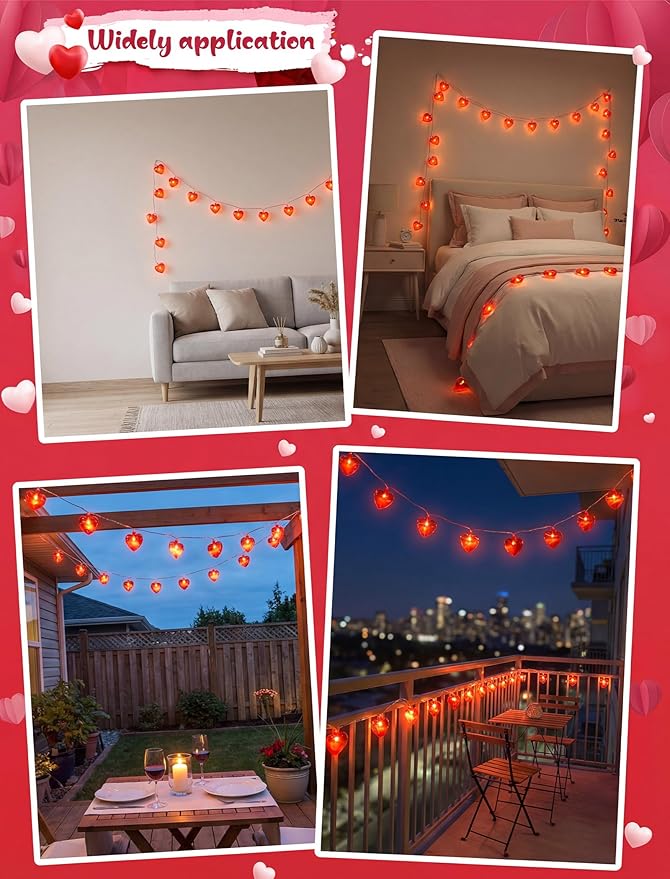 Valentine’s Day Red Heart String Lights, 12FT Plug-In Connectable Fairy Lights with 20 LED Glitter Heart Bulbs, Romantic Indoor Outdoor Decor for Wedding, Party, Window, Anniversary, Christmas
