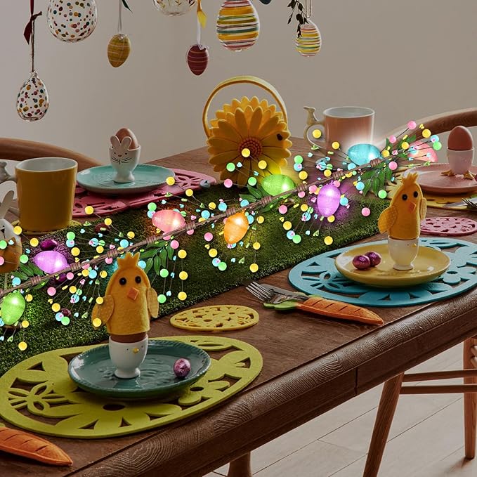 Enhon Lighted Easter Garland with 8 Lighting Modes, 15 LED Colorful Glitter Easter Egg Garland Lights Timer, Battery Operated Egg & Mixed Berry Decoration for Spring Mantle Home Fireplace Indoor Decor