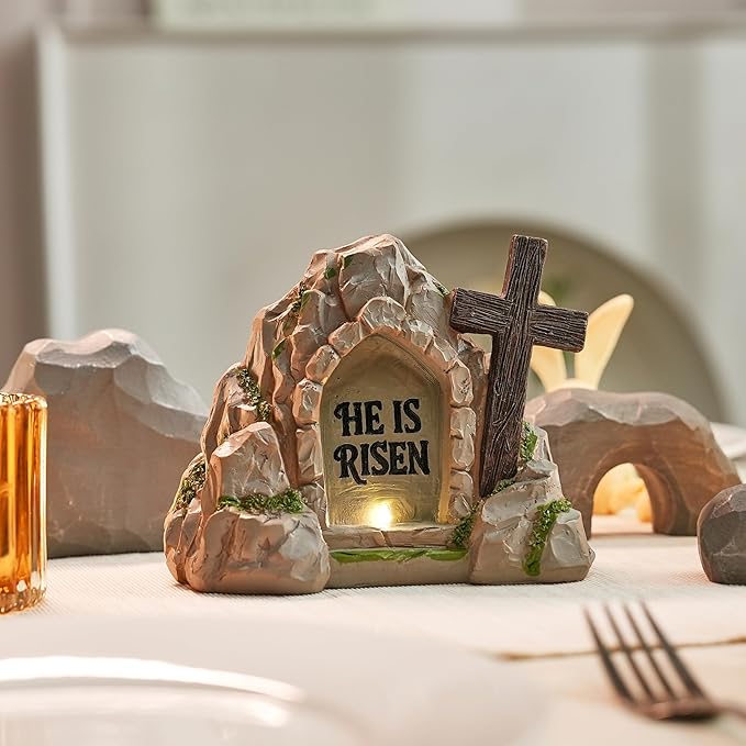 Empty Tomb Easter Decor with LED Lighting, Battery Powered Resurrection Scene for Christian Decoration, Resin HE is Risen Religious Display with Timer, Home Office Tabletop Tray, Shelf Decor