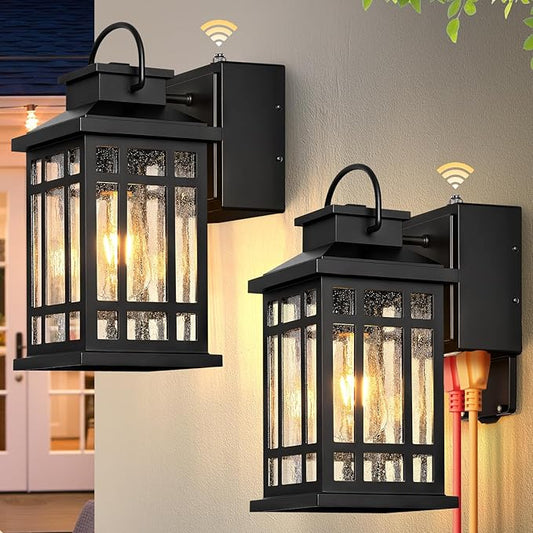 Outdoor Wall Light Fixtures with GFCI Outlet, Black 2-Pack Dusk to Dawn Outside Lighting Fixture, Waterproof Anti-Rust Exterior Lights Fixtures, Porch Light for Front Door, Garage, Backyard