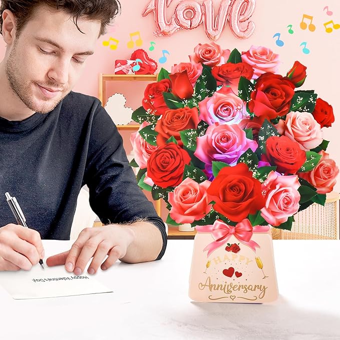 Pop Up Anniversary Card with Lights & Music, 12 Inch Paper Rose Bouquet Greeting Cards with Note Card & Envelop, Happy Anniversary Cards for Women, Popup Wedding Anniversary Card Gifts for Wife