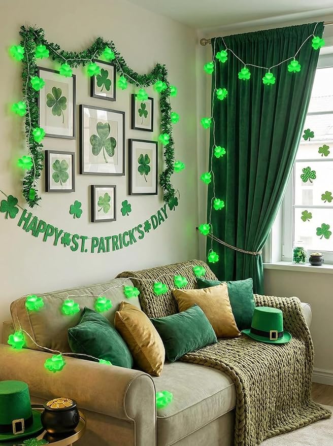 Shamrock String Lights, 8.5Ft St Patrick's Day Decorations String Lights with 10 Green Clover Lights, Connectable Shamrock Indoor Fairy Lights for St Patrick's Day Party Irish Holiday Garden Decor