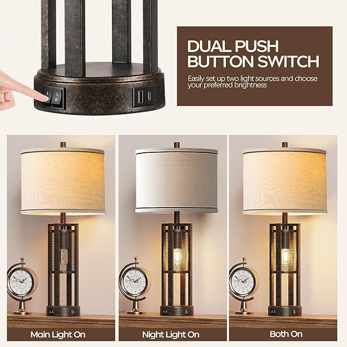 28'' Farmhouse Industrial Table Lamp Set of 2 - Rustic Bedside Nightstand Lamps with Dual USB A+C Ports, Bronze Metal Mesh Nightlight Desk Lamps for Bedroom Living Room, 4 LED Bulbs Included