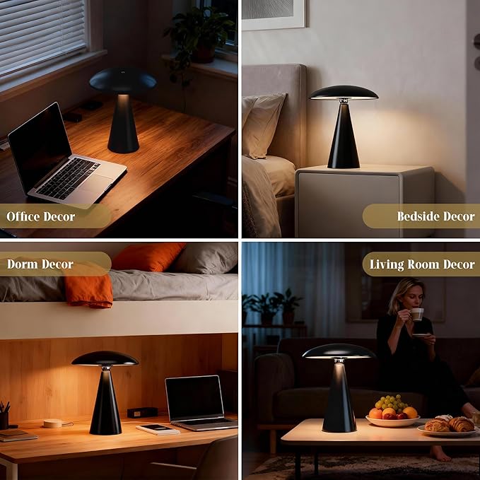 Mushroom Aesthetic Cute Lamp,Magnetic Mid Century Modern Lamp with 3-Mode Lighting for Unique Home Mushroom Decor,Cordless USB Rechargeable Lamps for Bedside/Dorm/Office/Entryway Decor(Black)