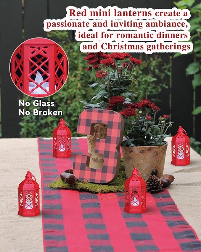 12-Pack Mini Lanterns for Ramadan, Christmas, Small Decorative Lanterns with Flickering LED Candle for Enchanted Forest Wedding Decor, Moroccan Lantern for Table Centerpiece & Ornament, Red