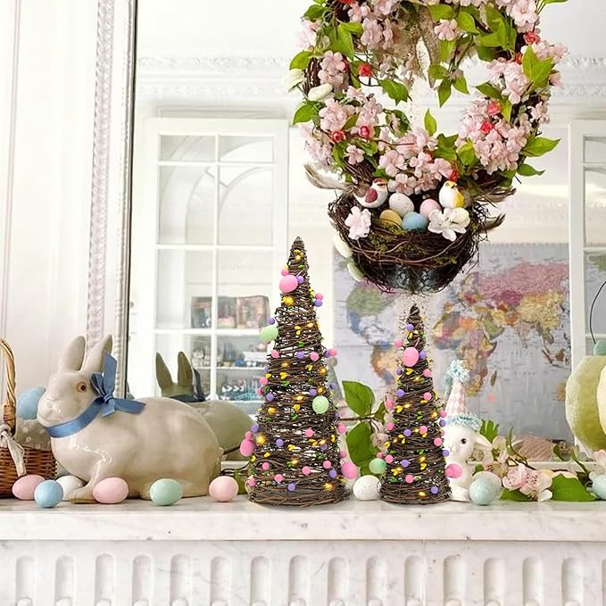CRCZK 2PACK Easter Rattan Table Tree Decor Lighted Easter Decorations Table Centerpieces Decor Artificial Tree with Led Lights,Eggs&Berries Spring Decorations for Home