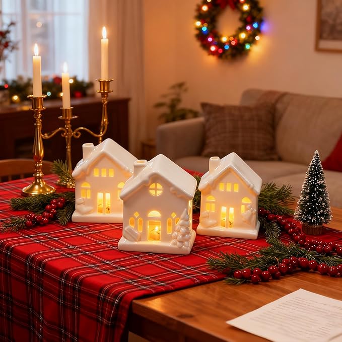 NEROSUN Ceramic Christmas Village Houses, 3Pcs LED Lighted Porcelain White Small House Tabletop Figurines, Light Up Christmas Decorations for Home Shelf Cabinet Table Winter Decor