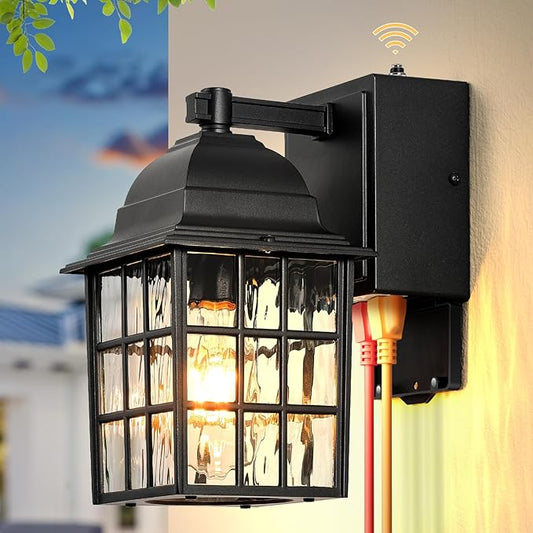 Gleamz Dusk to Dawn Outdoor Porch Light with GFCI Outlet, Modern Black Exterior Lighting Fixtures Wall Mount for House, Anti-Rust Outdoor Wall Sconce Lantern for Garage Coach with Water-Ripple Glass