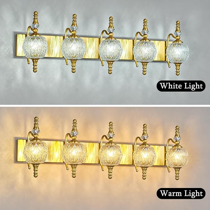 Modern Crystal Bathroom Vanity Lights Fixtures Over Mirror Gold Vintage 5-Lights 36 Inch Bathroom Light Fixtures Glass Crystal Vanity Lights