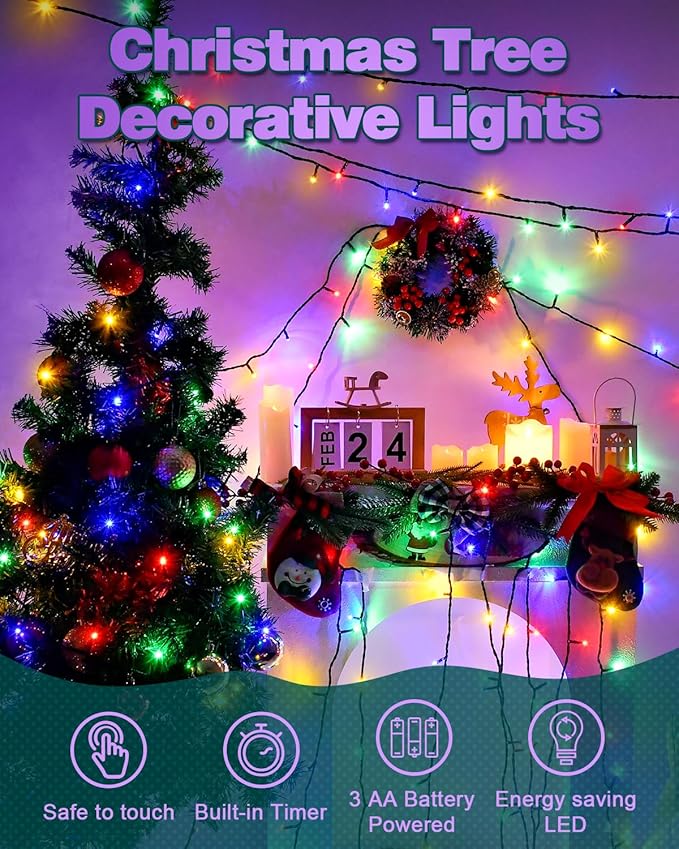 Christmas Lights Outdoor with Timer, Battery Operated Christmas Lights 9.8ft 30LED Christmas Decorations for Small Mini Christmas Tree Multicolor