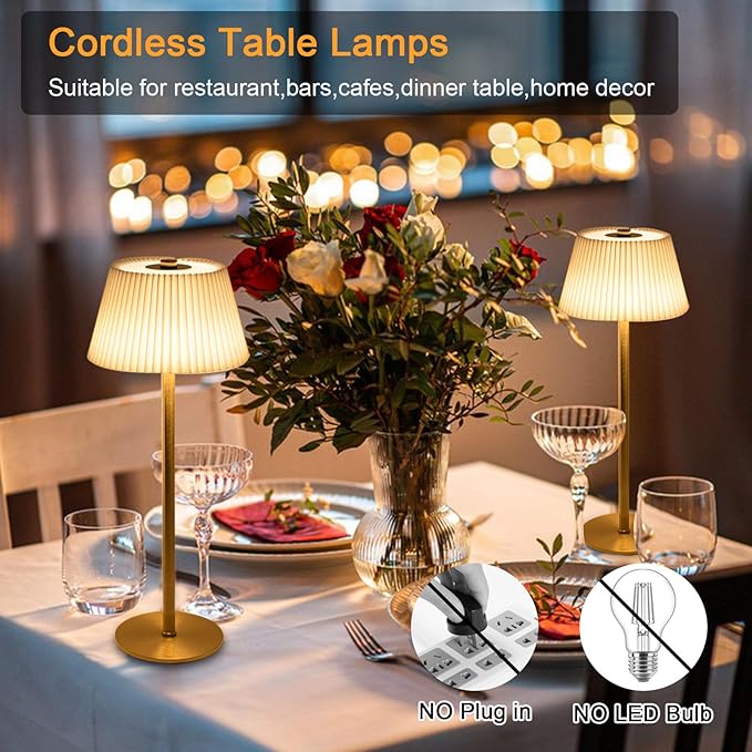 Small Table Lamp Rechargeable, 4000mAh LED Mini Cordless Lamps Gold Fabric Pleated Shade Battery Operated Lamp with 3 Colors Stepless Dimming Touch Lamps for /Bedroom/Bars/Outdoor Party/Camping,1 Pack