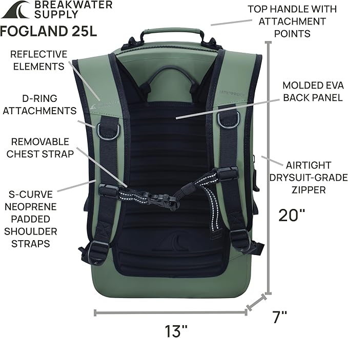 Breakwater Supply™ Waterproof IP68 Submersible Backpack with Airtight Zippers | Laptop Travel Outdoors | Fogland 25L 20L 15L | 100% Waterproof, Submersible, Airtight Zippers, Travel Outdoors