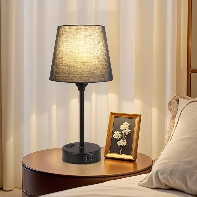 Acaxin Black Lamp for bedrooms Set of 2 - Nightstand Bedroom Lamp with USB C Port and AC Outlet Charging, 3 Way Dimmable Touch Control Bed Side Table Lamp, Small Night Stand Light for Men/Kids