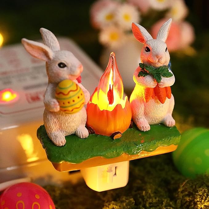 Easter Egg Bunny Campfire Flickering Night Light, Easter 3D Rabbit Night Light Plug in, Bunnies Figurine Lamps, Easter Decorations Indoor