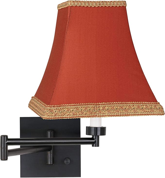 Indoor Swing Arm Wall Mount Lamp Espresso Plug-In Light Fixture Dimmable Gold Trimmed Rust Fabric Square Shade for Bedroom Bedside House Reading Living Room Home Hallway Dining - Barnes and Ivy