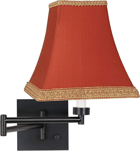 Indoor Swing Arm Wall Mount Lamp Espresso Plug-In Light Fixture Dimmable Gold Trimmed Rust Fabric Square Shade for Bedroom Bedside House Reading Living Room Home Hallway Dining - Barnes and Ivy