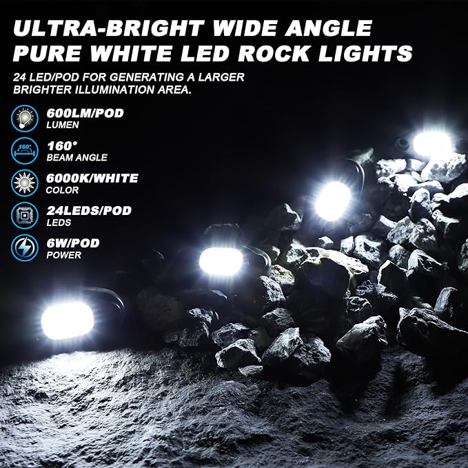 White Rock Lights with 15FT Wire Extender, Aluminum Case, 24Chip High Power 6000k Pure White, Waterproof IP68 Underglow Lights for Trucks Jeep UTV ATV (4 PCS)