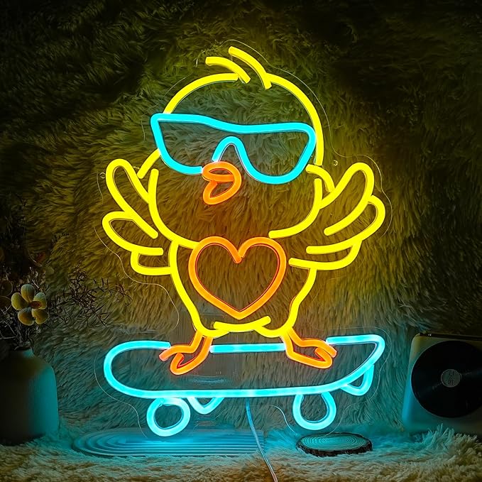 Skateboard Chick Neon Sign Dancing Chicken LED Neon Light for Wall Decor Dimmable USB Light Up Chick Sign for Bedroom Kids Room Birthday Gifts for Boy Girl (16.5”*12.6”)