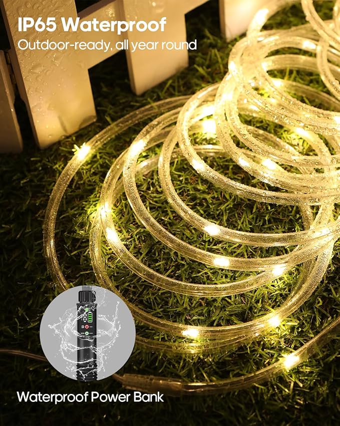 Rechargeable Rope Lights, Outdoor Waterproof String Lights with 1200mah Portable Rechargeable Battery, Timing & 8 Modes for Party Christmas Camping DIY Tree Trampoline (Warm White, 39FT)