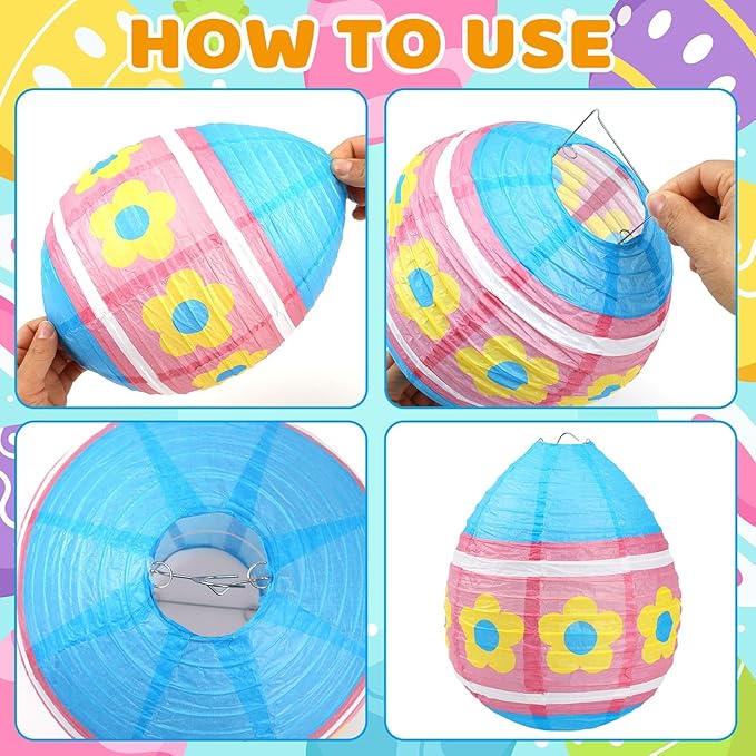 DECYOOL 12 Pieces Pastel Paper Lanterns, 6 Styles of Easter Egg Colorful Hanging Lantern Decor for Parties, Classroom Home Indoor Outdoor Celebrations