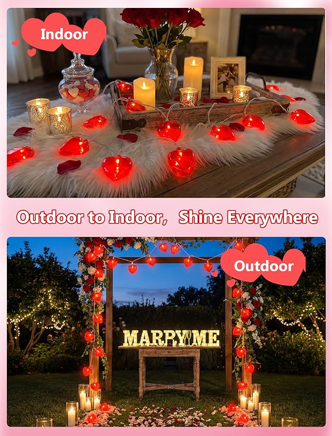 Valentine Day Lights Plug in, Red Heart Shaped String Lights 8.5FT, LED Valentine Heart Lights for Indoor Outdoor Decor, UL Listed, IP44 Waterproof