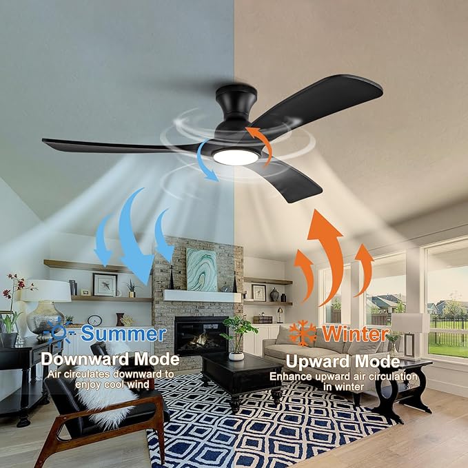 Black Ceiling Fans with Lights Flush Mount,52 inch Solid Wood,Remote Control,Wall Switch,Dimmable,Reversible,Noiseless,Power Off Memory Modern Ceiling Fan Low Profile for Bedroom Indoor/Outdoor