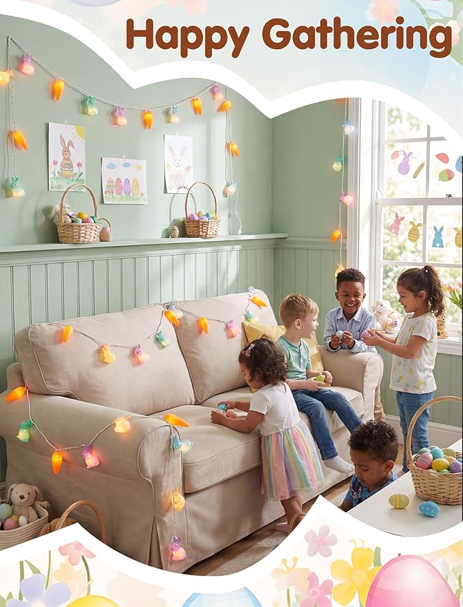 Easter Bunny Carrot String Lights, 8.5Ft Plug in Fairy Lights with 10 LED Rabbit and Carrot Lights, Cute Spring Decor for Home Bedroom Garden Party Indoor Outdoor Decorations