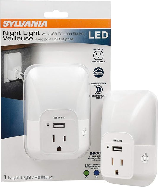LEDVANCE Sylvania LED Night Light with USB Port and Socket, 3-Color Select, Frosted, 3000K, 5 Lumens, Cool White - 1 Pack (64991)